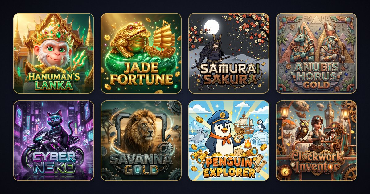 ภาพปกเกมของ UnSlot 8 เกมจากธีมต่างกัน แถวบน: Hanuman's Lanka, Jade Fortune, Samurai Sakura และ Anubis Horus Gold แถวล่าง: Cyber Neko, Savanna Gold, Penguin Explorer และ Clockwork Inventor