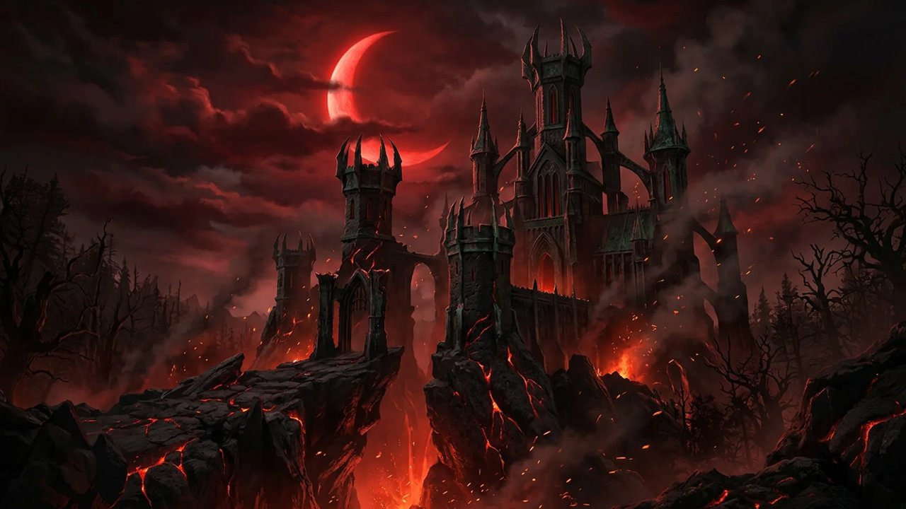 ฉากพื้นหลังแนวนอนของเกม Blood Moon Count: ปราสาทโกธิกยอดแหลมบนหน้าผาเหนือหุบลาวา ท้องฟ้าเมฆสีแดงเลือดกับพระจันทร์เสี้ยวสีแดง ต้นไม้แห้งไร้ใบ ประกายไฟ และควัน
