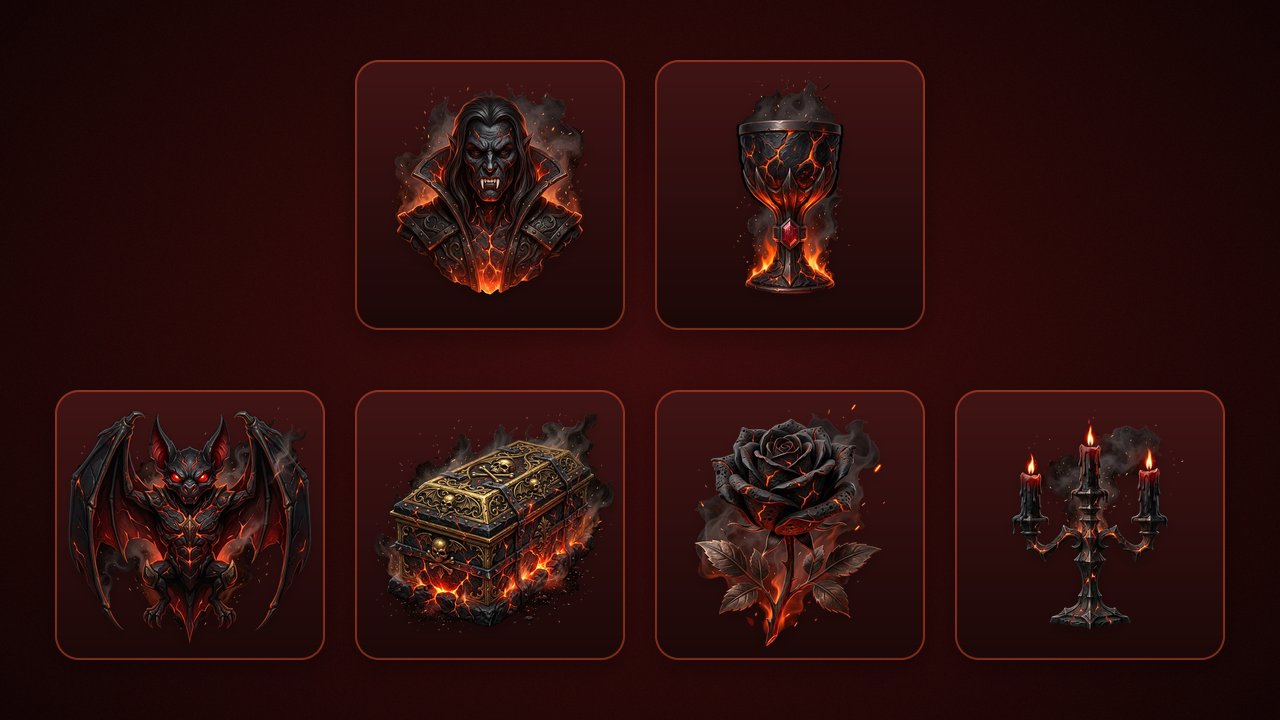 สัญลักษณ์ของเกม Blood Moon Count บนพื้นสีแดงเข้มเกือบดำ แถวบน: Wild แวมไพร์ผมยาวเขี้ยวแหลม และ Scatter ถ้วยสีดำประดับทับทิมมีเปลวไฟที่ฐาน แถวล่าง: สัญลักษณ์จ่ายสูงจากมากไปน้อย ค้างคาวตาแดง โลงศพสีทองลายหัวกะโหลก กุหลาบดำ และเชิงเทียนสามกิ่ง