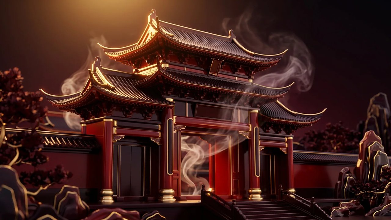 ฉากพื้นหลังแนวนอนของเกม Crimson Palace: ประตูวังจีนหลังคาซ้อนสีแดงดำขอบทองยามค่ำ มีควันธูปลอยผ่าน บันไดหน้าประตู ต้นไม้ใบสีแดงเข้ม และโขดหินขอบทอง