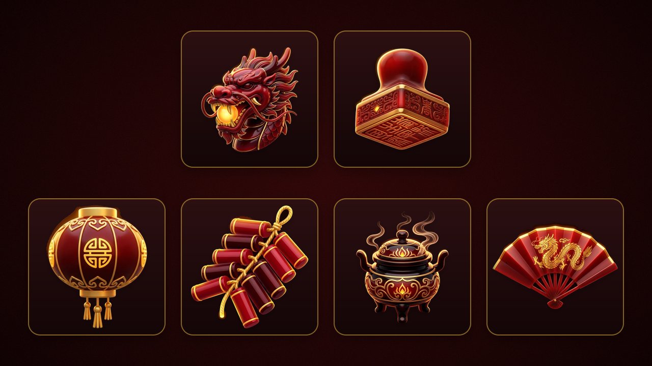 สัญลักษณ์ของเกม Crimson Palace บนพื้นแดงเข้ม แถวบน: Wild หัวมังกรแดงเขี้ยวทองคาบลูกแก้วเรืองแสง และ Scatter ตราประทับสีแดงแกะลาย แถวล่าง: สัญลักษณ์จ่ายสูงจากมากไปน้อย โคมจีนสีแดงลายทอง ประทัดแดงผูกเชือกทอง กระถางธูปสีดำมีควันลอย และพัดแดงลายมังกรทอง