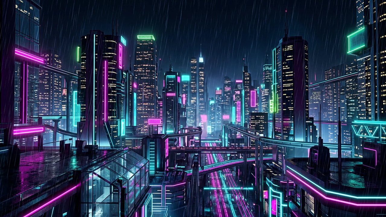ฉากพื้นหลังแนวนอนของเกม Cyber Neko: มหานครแห่งอนาคตยามค่ำคืนที่ฝนตก ตึกระฟ้าประดับเส้นไฟนีออนสีชมพู ฟ้า และเขียว ทางยกระดับที่มีแสงไฟวิ่ง และหลังคาทางเดินกระจกด้านหน้า