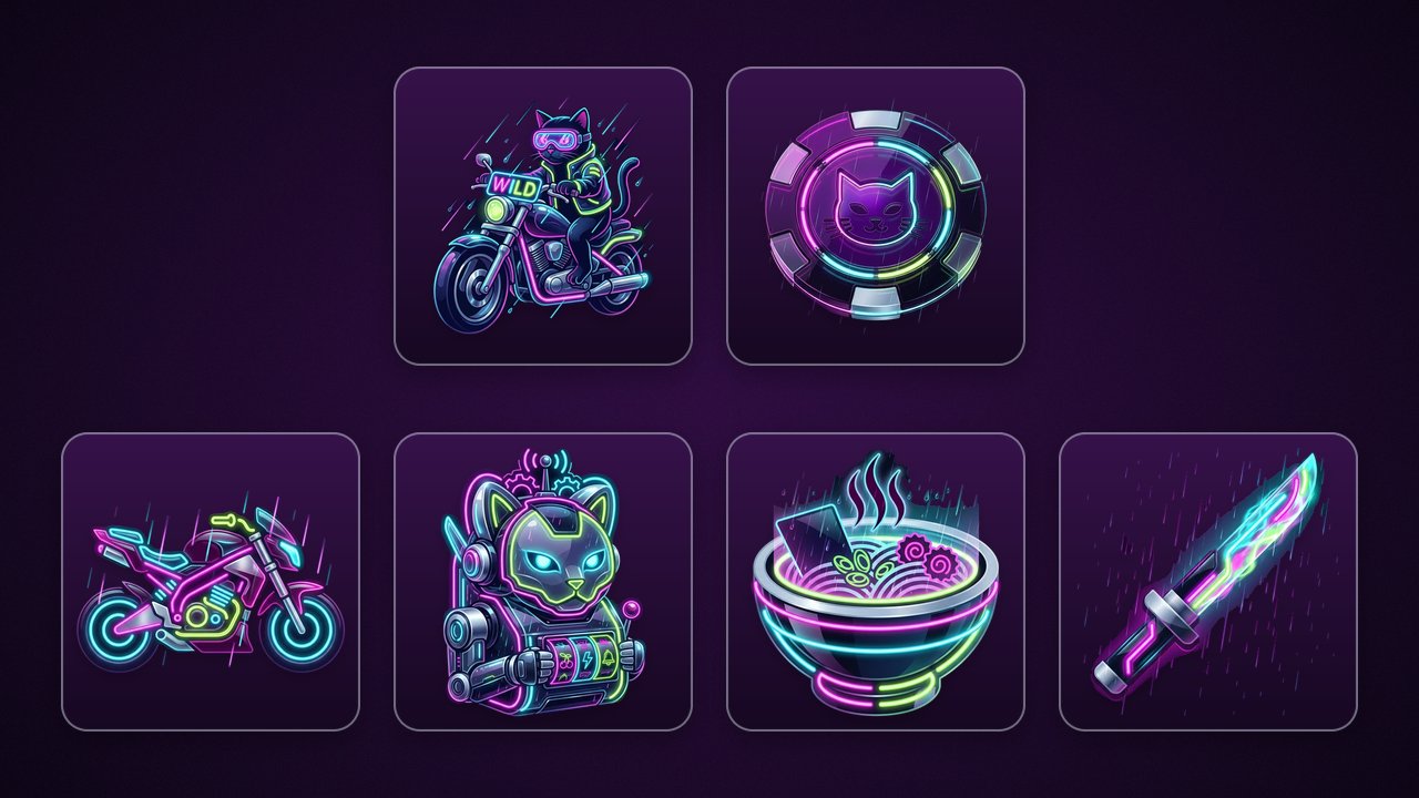 สัญลักษณ์ของเกม Cyber Neko บนพื้นสีม่วงเข้ม แถวบน: Wild แมวดำสวมแว่นนีออนขี่มอเตอร์ไซค์ติดป้าย WILD และ Scatter ชิปโฮโลแกรมสีม่วงลายหน้าแมว แถวล่าง: สัญลักษณ์จ่ายสูงจากมากไปน้อย มอเตอร์ไซค์นีออน หุ่นยนต์หัวแมว ชามราเม็งโฮโลแกรม และคาตานะพลาสม่า