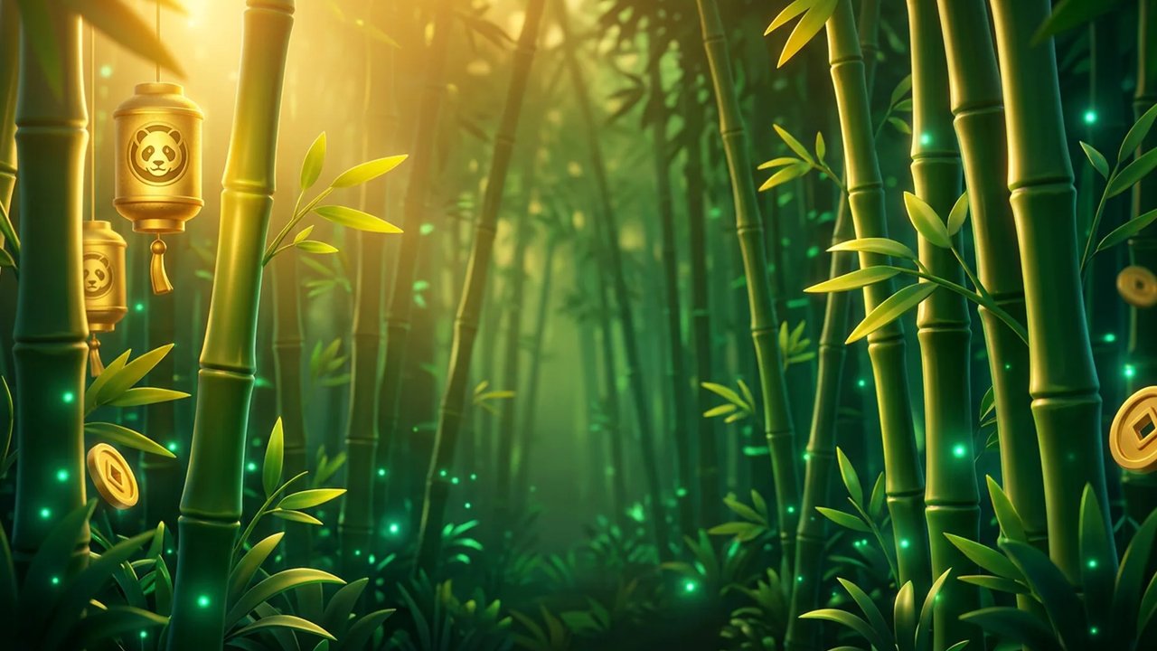 ฉากพื้นหลังแนวนอนของเกม Emerald Bamboo Panda: ป่าไผ่สีเขียวต้องแสงแดดสีทองจากมุมซ้ายบน มีโคมสีทองลายหน้าแพนด้าแขวนอยู่สองใบ แสงหิ่งห้อยสีเขียว และเหรียญทองเจาะรูสี่เหลี่ยมลอยอยู่