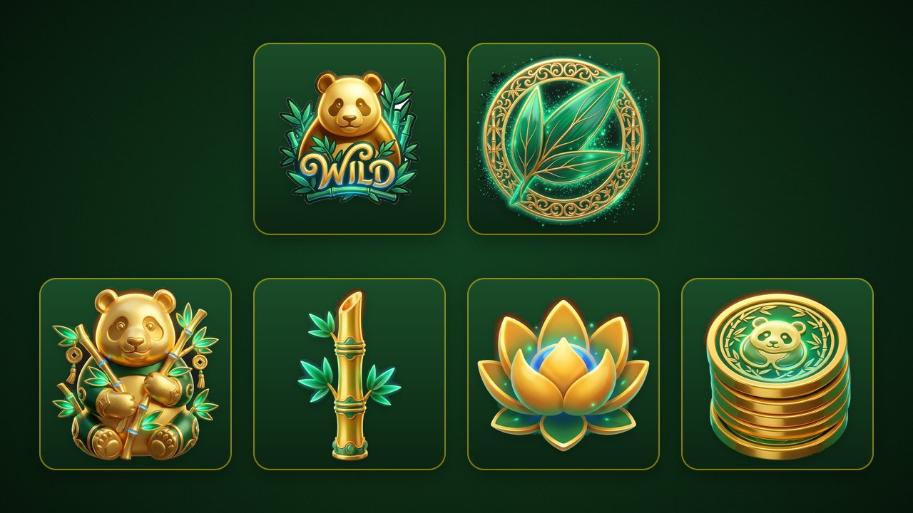 สัญลักษณ์ของเกม Emerald Bamboo Panda บนพื้นสีเขียวเข้ม แถวบน: Wild หัวแพนด้าสีทองกับคำว่า WILD และ Scatter ใบไผ่เรืองแสงในวงแหวนลายทอง แถวล่าง: สัญลักษณ์จ่ายสูงจากมากไปน้อย แพนด้าทองนั่งกอดไผ่ ลำไผ่สีทอง ดอกบัวสีทอง และกองเหรียญทองลายแพนด้า