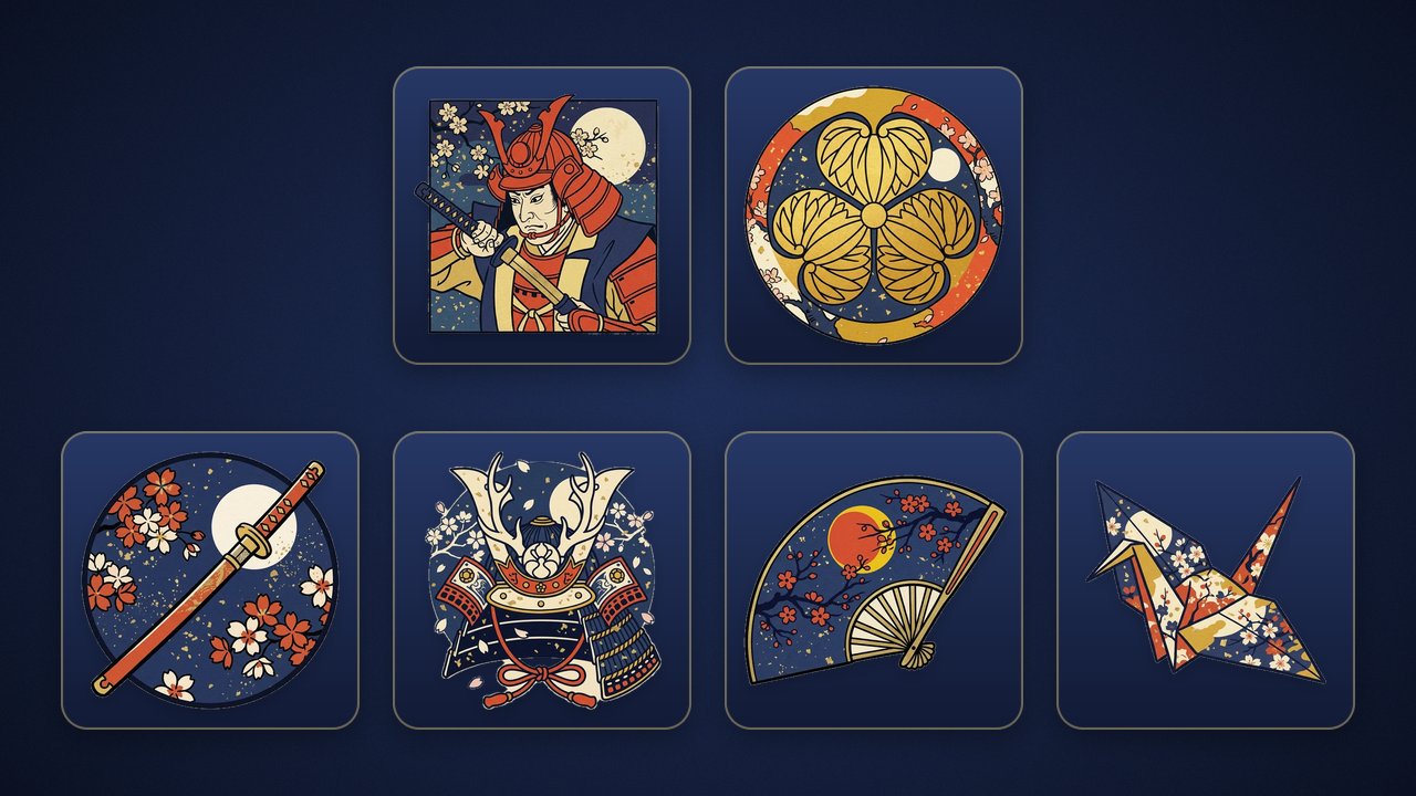 สัญลักษณ์ของเกม Samurai Sakura บนพื้นสีน้ำเงินเข้ม แถวบน: Wild ซามูไรหมวกเกราะแดงชักดาบ และ Scatter ตราคามอนใบไม้สามใบสีทอง แถวล่าง: สัญลักษณ์จ่ายสูงจากมากไปน้อย ดาบคาตานะฝักแดง หมวกเกราะคาบูโตะ พัดสงครามลายดวงอาทิตย์สีแดง และนกกระเรียนกระดาษ
