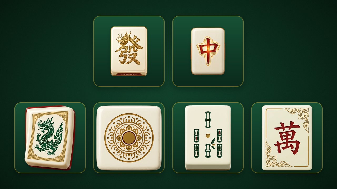 สัญลักษณ์ของเกม Golden Dragon Mahjong บนพื้นสีเขียวเข้ม แถวบน: Wild ไพ่สีงาช้างอักษร 發 สีทองมีหัวมังกรทอง และ Scatter ไพ่อักษร 中 สีแดง แถวล่าง: สัญลักษณ์จ่ายสูงจากมากไปน้อย ไพ่มังกรเขียว ไพ่วงกลมทอง ไพ่ไม้ไผ่ และไพ่อักษร 萬 สีแดง