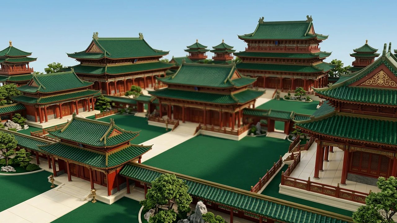 ฉากพื้นหลังแนวนอนของเกม Golden Dragon Mahjong: หมู่อาคารวังจีนมองจากมุมสูง หลังคากระเบื้องสีเขียว เสาสีแดง หอหลายชั้น สนามหญ้าสีเขียว ทางเดินสีขาว และต้นไม้ ใต้ท้องฟ้าสีฟ้า
