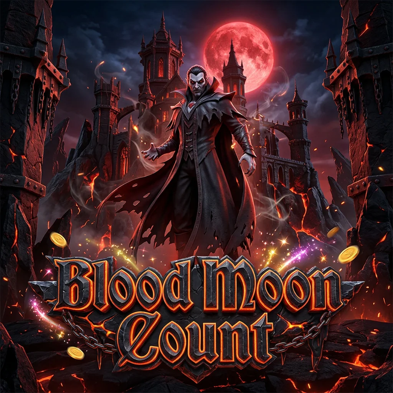 ภาพปกเกม Blood Moon Count: เคานต์แวมไพร์หน้าซีดผมดำในเสื้อคลุมยาวสีดำขาดวิ่น ยืนหน้าปราสาทโกธิกใต้พระจันทร์ดวงโตสีแดง รอบตัวมีหินดำแตกเห็นลาวา ประกายไฟ เหรียญทอง และชื่อเกมตัวอักษรโลหะพันโซ่