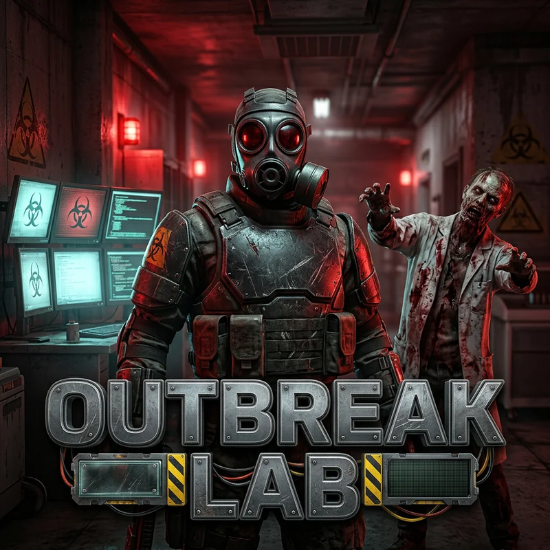 ภาพปกเกม Outbreak Lab: ทหารในชุดเกราะสวมหน้ากากกันแก๊สเลนส์สีแดง ด้านหลังมีซอมบี้ในเสื้อกาวน์เปื้อนเลือดยื่นมือมา จอคอมพิวเตอร์รูปสัญลักษณ์อันตรายชีวภาพ ไฟเตือนสีแดง และชื่อเกมตัวอักษรโลหะคาดแถบเหลืองดำ