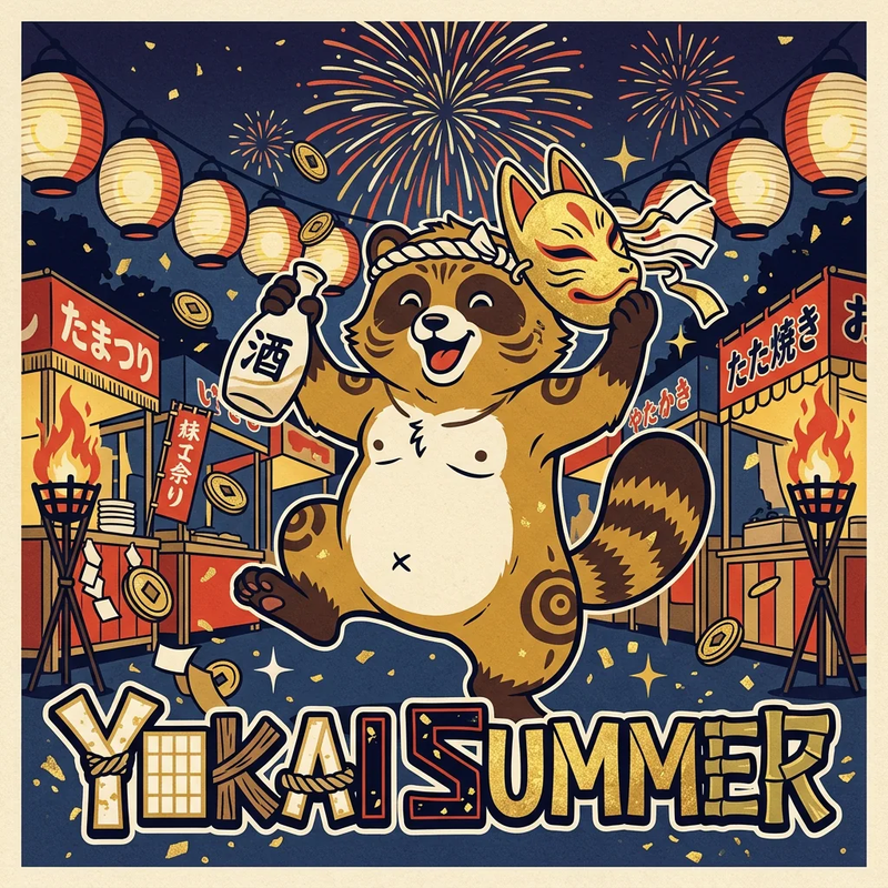 ภาพปกเกม Yokai Summer: ทานูกิพุงขาวคาดผ้าที่หัว ยืนเต้นขาเดียว ถือขวดสาเกและชูหน้ากากจิ้งจอกสีทอง กลางถนนงานเทศกาลยามค่ำที่มีโคมกระดาษ ดอกไม้ไฟ ป้ายร้านอักษรญี่ปุ่น และคบไฟ พร้อมชื่อเกมด้านล่าง
