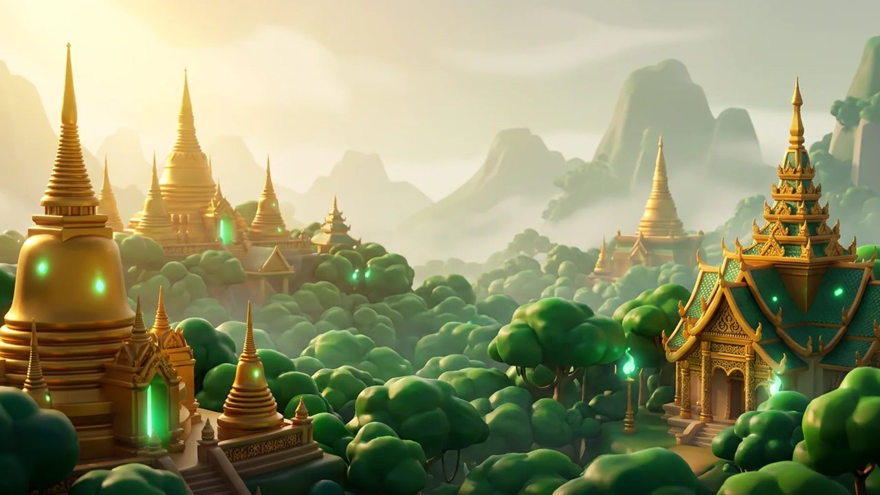 เมืองสีทองกลางป่าในเกม Hanuman's Lanka: เจดีย์ทรงระฆังสีทองทางซ้าย อาคารทรงไทยหลังคาเขียวขอบทองทางขวา ต้นไม้พุ่มกลม ภูเขาในหมอก และแสงสีเขียวเรืองจากซุ้มประตูกับหน้าต่าง