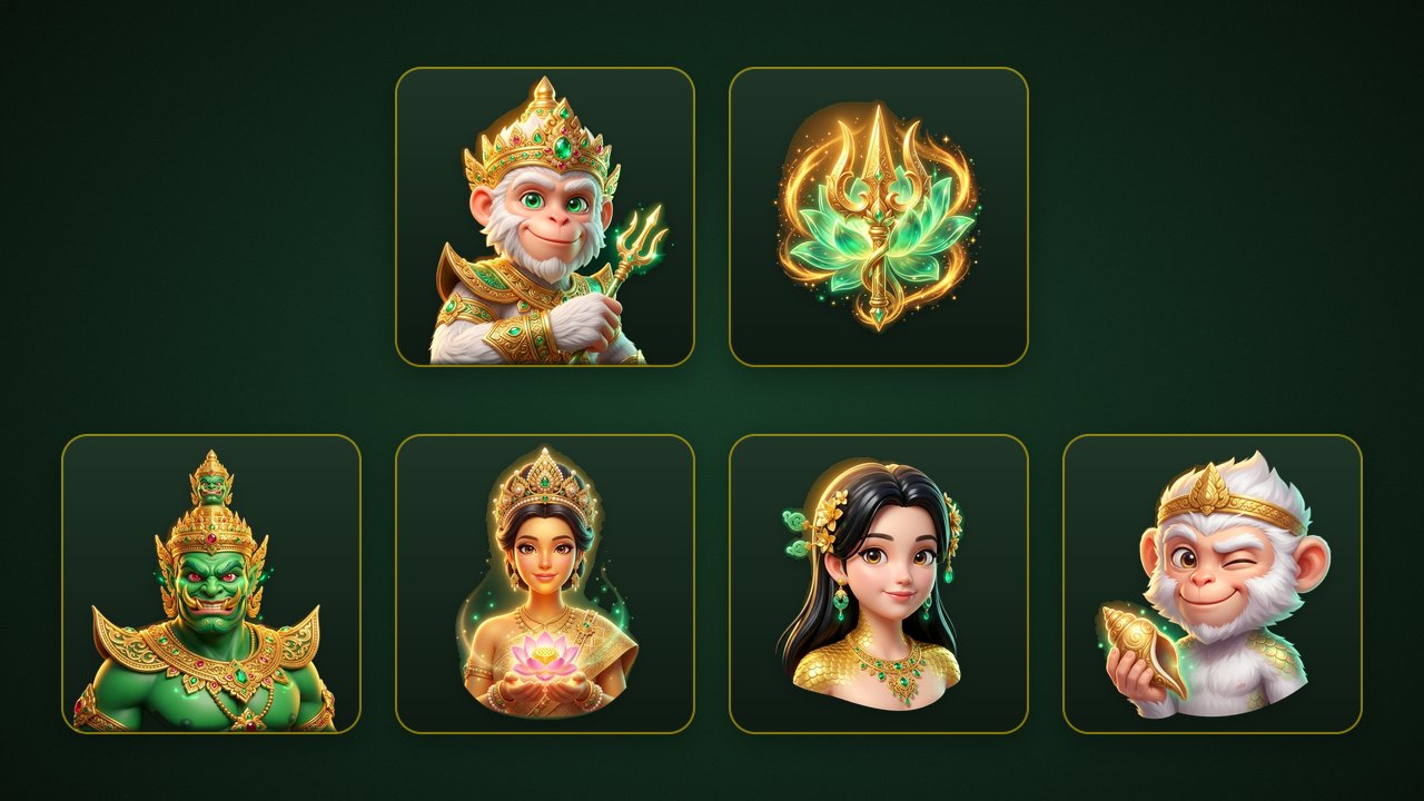 สัญลักษณ์ของเกม Hanuman's Lanka บนพื้นสีเขียวเข้ม แถวบน: Wild หนุมานสวมมงกุฎทองถือตรี และ Scatter ตรีสีทองบนดอกบัวเขียว แถวล่าง: สัญลักษณ์จ่ายสูงจากมากไปน้อย ทศกัณฐ์ นางสีดาประคองดอกบัวชมพู นางสุพรรณมัจฉาสวมเสื้อเกล็ดทอง และมัจฉานุถือหอยสังข์