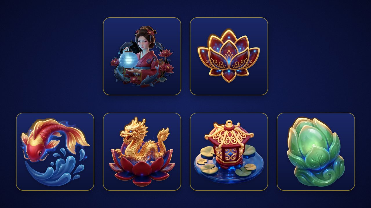 สัญลักษณ์ของเกม Koi Lotus Night บนพื้นสีน้ำเงินเข้ม แถวบน: Wild หญิงสาวกิโมโนแดงถือโคมสีฟ้า และ Scatter ดอกบัวสีแดงน้ำเงินขอบทอง แถวล่าง: สัญลักษณ์จ่ายสูงจากมากไปน้อย ปลาคาร์ปแดงทอง มังกรทองบนดอกบัว โคมแดงลายทองบนผิวน้ำ และดอกบัวตูมหยกสีเขียว