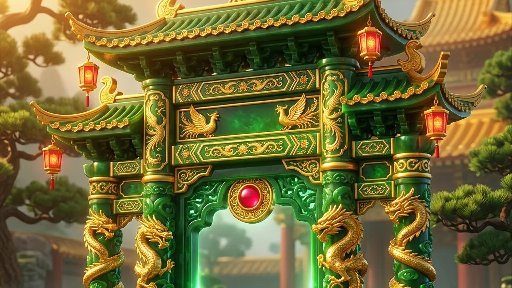 ภาพฉากจากหน้าต่างซื้อฟีเจอร์ของเกม Jade Fortune: ซุ้มประตูหยกสีเขียวหลังคาทรงจีนขอบทอง มีมังกรทองพันเสา ลายนกสีทองบนคาน อัญมณีสีแดงกลางซุ้ม โคมสีแดงห้อยรอบ ต้นสน และหลังคาอาคารสีทองด้านหลัง