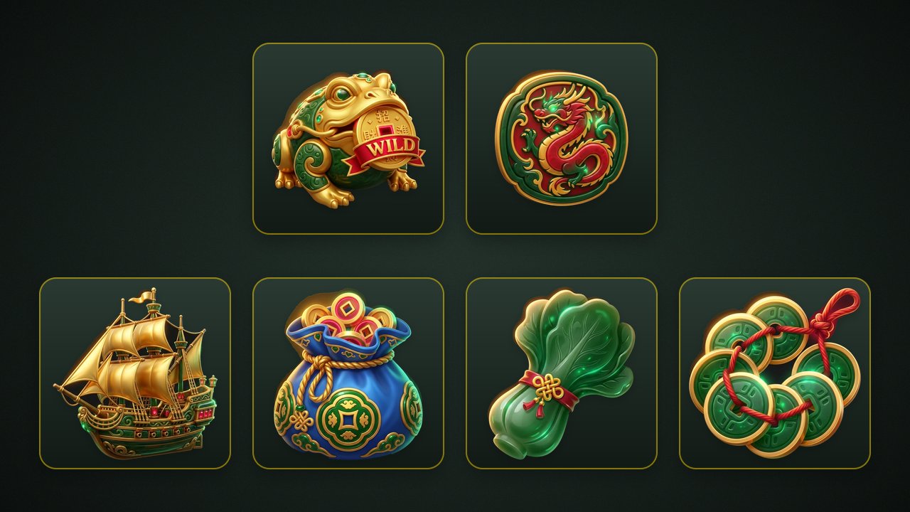 สัญลักษณ์ของเกม Jade Fortune บนพื้นเขียวเข้ม แถวบน: Wild คางคกทองลายหยกคาบเหรียญมีแถบแดงคำว่า WILD และ Scatter ป้ายหยกลายมังกรแดง แถวล่าง: สัญลักษณ์จ่ายสูงจากมากไปน้อย เรือใบสีทอง ถุงเงินสีน้ำเงิน ผักกาดขาวหยกผูกริบบิ้นแดง และพวงเหรียญหยกร้อยด้ายแดง
