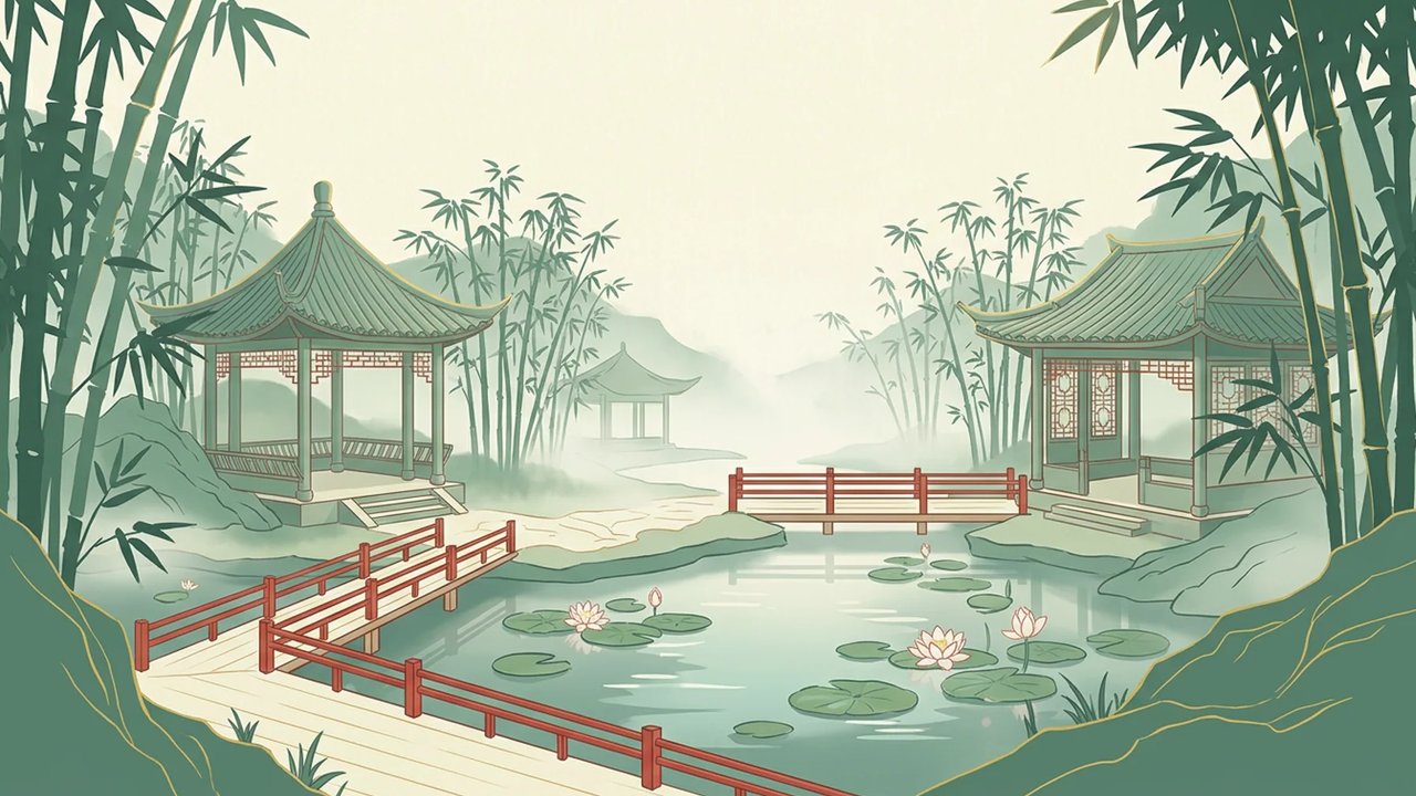 ฉากพื้นหลังแนวนอนของเกม Jade Mist Garden แบบภาพวาดหมึกจีน: สวนไผ่ในหมอก ศาลาหลังคาสีเขียว ทางเดินราวสีแดงข้ามสระบัวที่มีใบบัวและดอกบัวสีขาว และภูเขาจาง ๆ ด้านหลัง