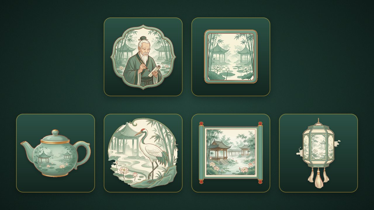 สัญลักษณ์ของเกม Jade Mist Garden บนพื้นสีเขียวเข้ม แถวบน: Wild ปราชญ์ชราเคราขาวถือพู่กัน และ Scatter แผ่นภาพวาดศาลาในสวนไผ่ริมสระบัว แถวล่าง: สัญลักษณ์จ่ายสูงจากมากไปน้อย กาน้ำชาสีหยก นกกระเรียนหัวแดง ม้วนภาพแขวน และโคมกระดาษหกเหลี่ยม