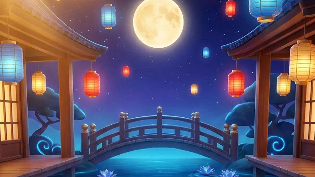ภาพจากฉากพื้นหลังโหมดฟรีสปินของ Koi Lotus Night: พระจันทร์เต็มดวง โคมกระดาษสีแดง ฟ้า และเหลืองลอยบนฟ้า สะพานไม้โค้งข้ามสระน้ำสีฟ้าเรืองแสง ระเบียงไม้สองฝั่งแขวนโคม และดอกบัวสีฟ้า