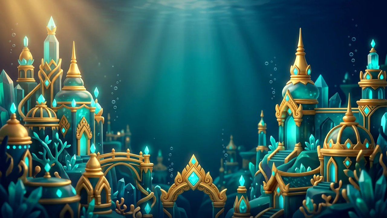ปราสาทแก้วใต้ทะเลในเกม Naga's Deep: อาคารสีเขียวน้ำทะเลยอดแหลมขลิบทองทั้งสองฝั่ง ลำแสงส่องลงจากผิวน้ำ ฟองอากาศ ผลึกสีฟ้าเรืองแสง ปะการัง และซุ้มประตูทองด้านล่าง