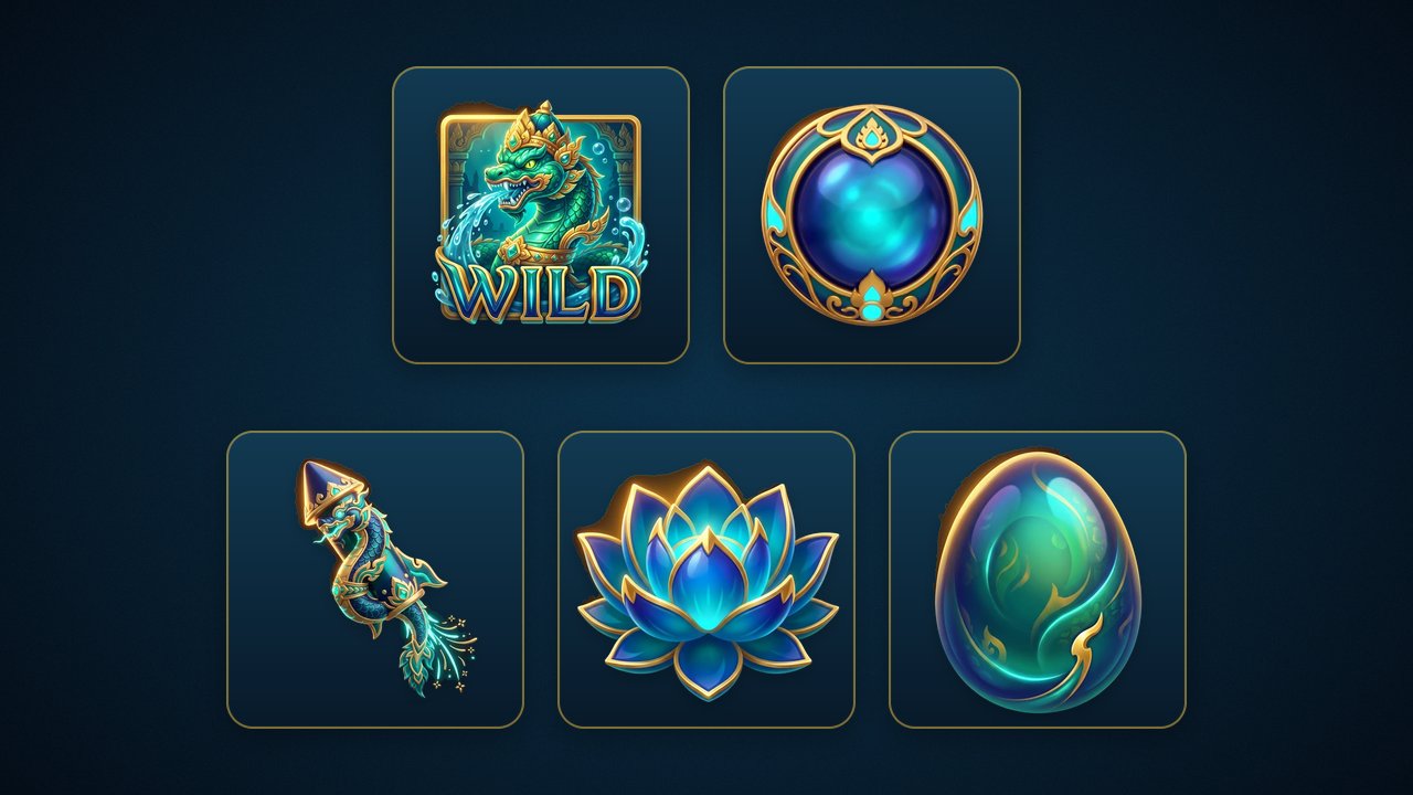 สัญลักษณ์บางส่วนของเกม Naga's Deep บนพื้นน้ำเงินเข้ม แถวบน: Wild หัวพญานาคเกล็ดเขียวพ่นน้ำพร้อมคำว่า WILD และ Scatter ดวงแก้วสีน้ำเงินในวงแหวนลายทอง แถวล่าง: สัญลักษณ์จ่ายสูงบางตัว คือ บั้งไฟพญานาค ดอกบัวสีน้ำเงินขอบทอง และไข่นาคเรืองแสง