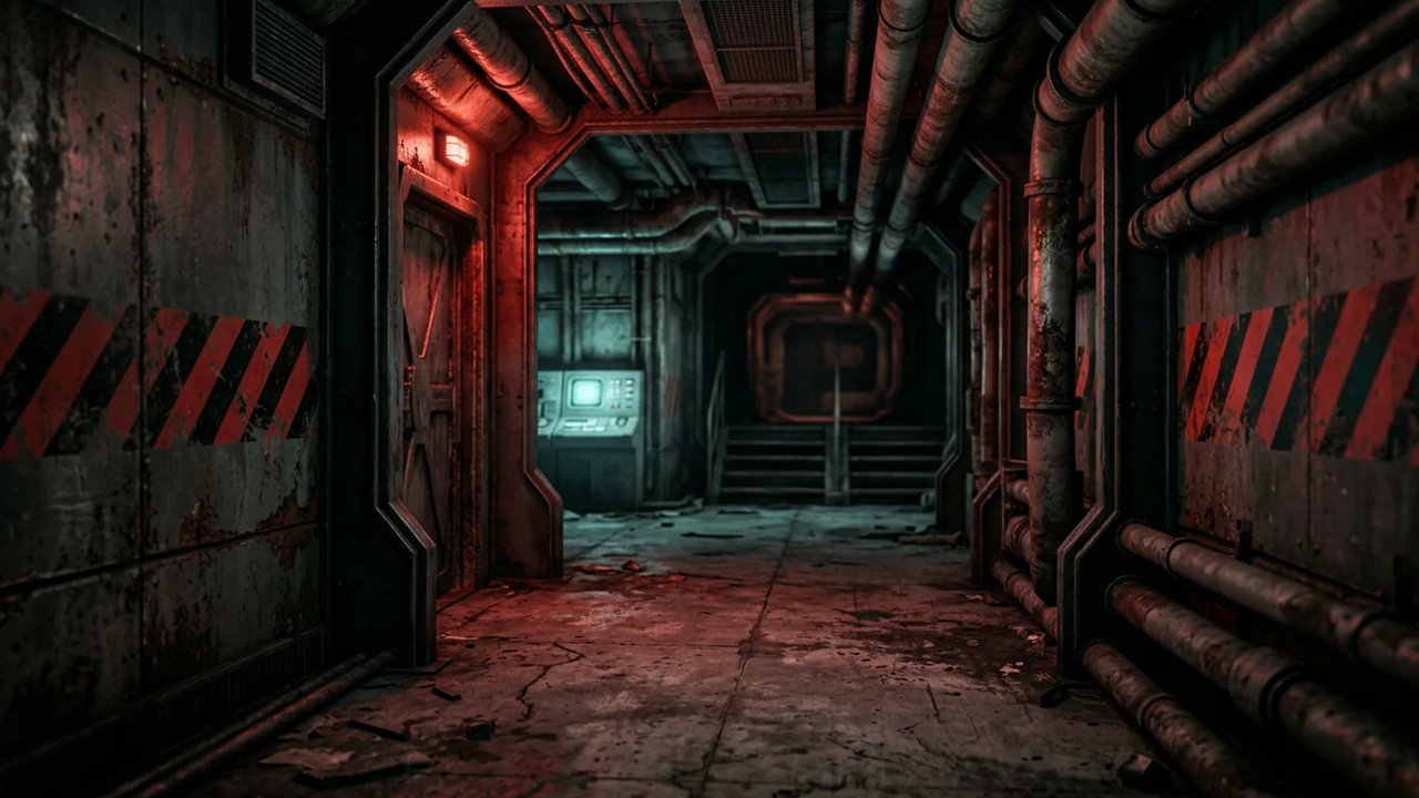 ฉากพื้นหลังแนวนอนของเกม Outbreak Lab: ทางเดินในห้องแล็บใต้ดิน ผนังเหล็กขึ้นสนิมคาดแถบเตือนสีแดงดำ ท่อตามผนังและเพดาน ไฟเตือนสีแดงเหนือประตู และแผงคอมพิวเตอร์เรืองแสงสีฟ้าที่ปลายทาง