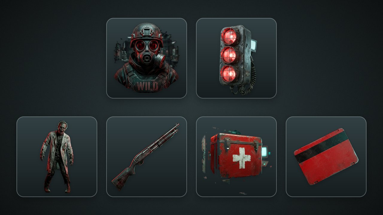 สัญลักษณ์ของเกม Outbreak Lab บนพื้นสีเทาเข้ม แถวบน: Wild ทหารสวมหน้ากากกันแก๊สเลนส์แดงมีคำว่า WILD ที่อก และ Scatter กล่องไฟเตือนสีแดงสามดวง แถวล่าง: สัญลักษณ์จ่ายสูงจากมากไปน้อย ซอมบี้ในเสื้อกาวน์ ปืนลูกซอง กล่องปฐมพยาบาลสีแดง และคีย์การ์ดสีแดง