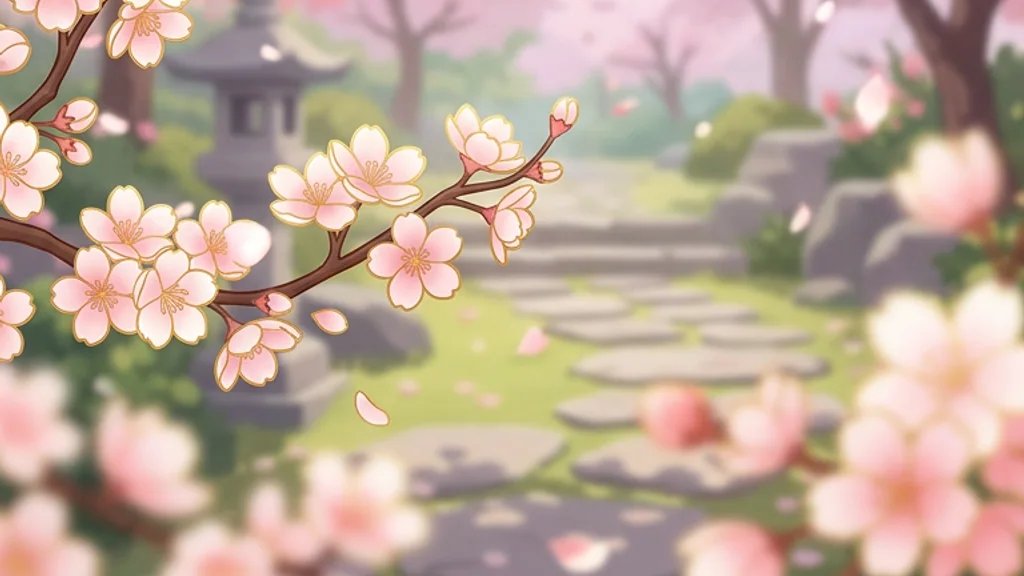 ภาพจากฉากพื้นหลังเกมหลักของ Sakura Sushi: สวนญี่ปุ่นฤดูใบไม้ผลิแบบภาพเบลอนุ่ม มีกิ่งซากุระสีชมพูด้านหน้า โคมหินประดับสวน ทางเดินแผ่นหิน ก้อนหิน และต้นซากุระด้านหลัง