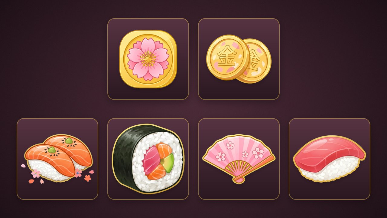 สัญลักษณ์ของเกม Sakura Sushi บนพื้นสีม่วงเข้ม แถวบน: Wild เหรียญทองทรงสี่เหลี่ยมมุมมนลายดอกซากุระ และ Scatter เหรียญทองสองเหรียญประทับอักษร 金 แถวล่าง: สัญลักษณ์จ่ายสูงจากมากไปน้อย ซูชิแซลมอนสองคำ ซูชิโรลห่อสาหร่าย พัดสีชมพูลายซากุระ และซูชิหน้าทูน่า