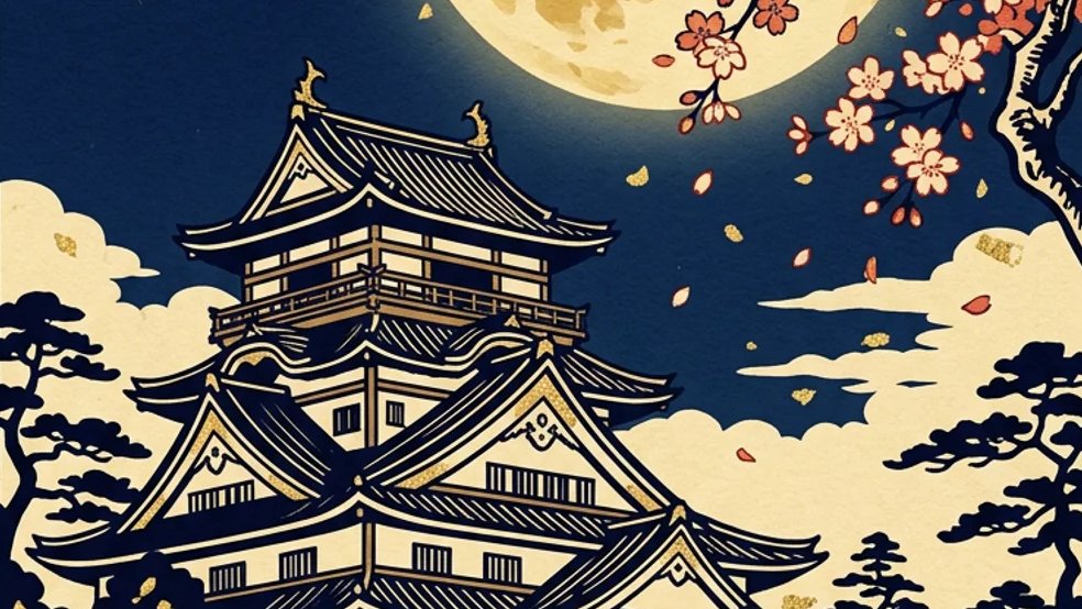 ภาพจากฉากพื้นหลังเกมหลักของ Samurai Sakura แบบภาพพิมพ์แกะไม้ญี่ปุ่น: ปราสาทญี่ปุ่นหลายชั้นประดับสีทองใต้พระจันทร์เต็มดวงสีทอง กิ่งซากุระมุมขวาบน กลีบดอกปลิว เมฆสีครีม และเงาต้นสน