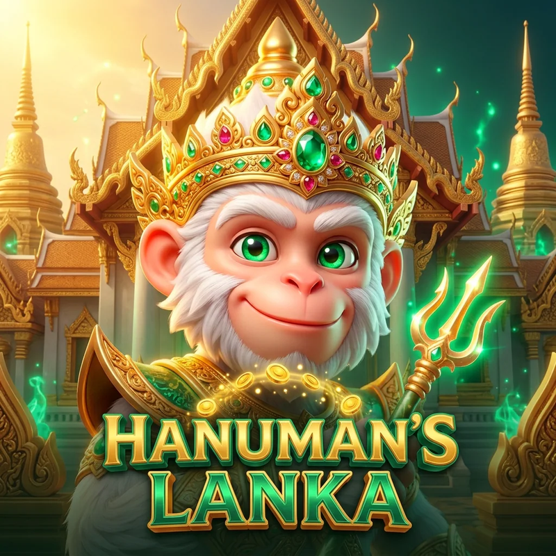 ภาพปกเกม Hanuman's Lanka: หนุมานลิงเผือกยิ้ม สวมมงกุฎทองประดับมรกต ถือตรีสีทองที่เรืองแสงสีเขียว ด้านหลังเป็นอาคารทรงไทยสีทอง และมีชื่อเกมตัวอักษรสีทองขอบเขียว