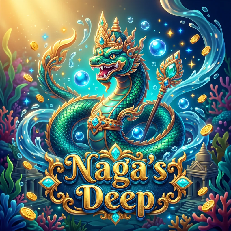 ภาพปกเกม Naga's Deep: พญานาคเกล็ดเขียวมรกตสวมมงกุฎทอง อ้าปาก ขดตัวกลางสายน้ำ ข้างกายมีคทาสีทอง รอบตัวมีฟองอากาศ เหรียญทอง และปะการัง พร้อมชื่อเกมตัวอักษรสีทองในกรอบลวดลายสีทอง