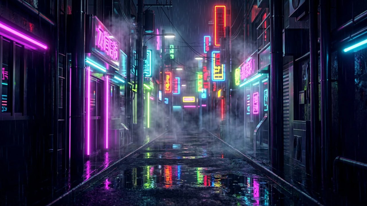 ฉากพื้นหลังแนวนอนของเกม Tokyo Noodle Night: ตรอกแคบในเมืองยามค่ำคืนที่ฝนตก ป้ายไฟนีออนสีชมพู ฟ้า เขียว เหลือง และแดงเรียงสองฝั่ง แสงไฟสะท้อนบนพื้นเปียก ไอหมอก เสาไฟ และสายไฟ