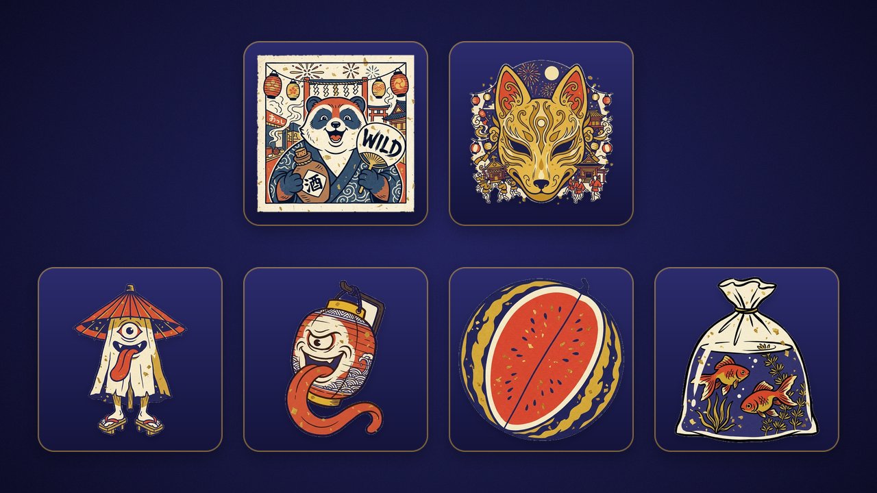 สัญลักษณ์ของเกม Yokai Summer บนพื้นสีน้ำเงินเข้ม แถวบน: Wild ทานูกิถือขวดสาเกกับพัดคำว่า WILD และ Scatter หน้ากากจิ้งจอกสีทอง แถวล่าง: สัญลักษณ์จ่ายสูงจากมากไปน้อย ปีศาจร่มตาเดียว ปีศาจโคมกระดาษแลบลิ้น แตงโมผ่าเห็นเนื้อแดง และปลาทองสองตัวในถุง